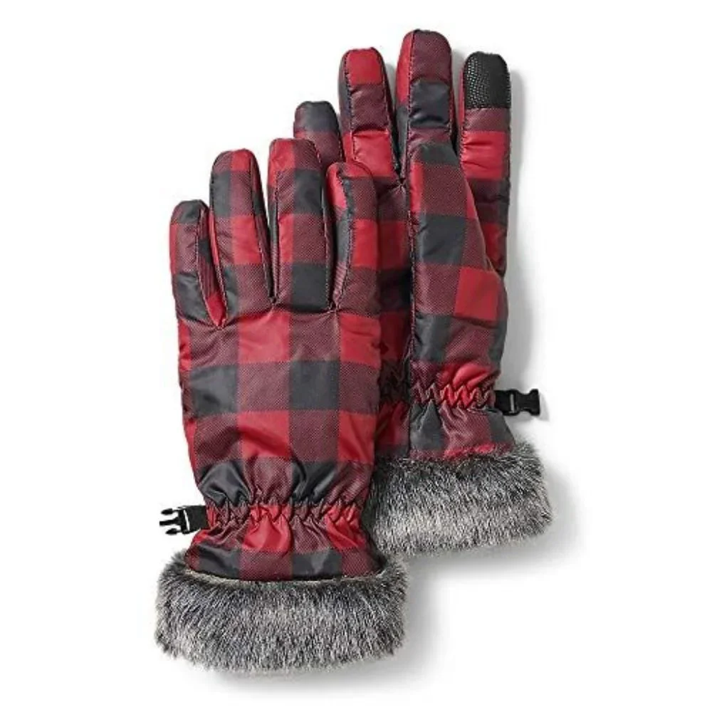 EDDIE BAUER SUN VALLEY DOWN BUFFALO PLAID FAUX FUR TRIMMED GLOVES SMALL EUC
